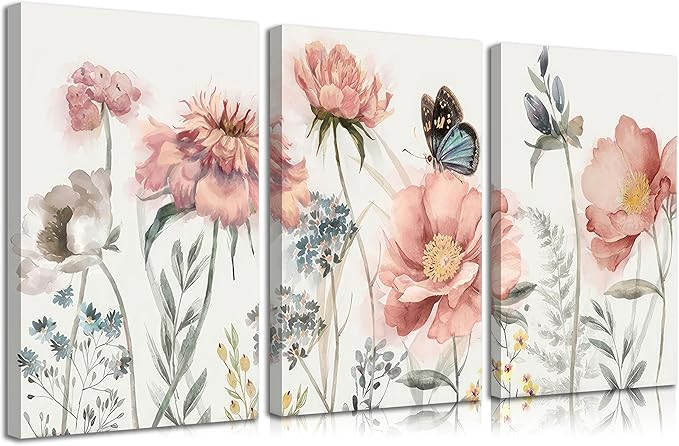 3pcs Pink Peony Floral Canvas Wall Art Butterfly Blossom Wall Decor Pictures Watercolor Bouquet Posters Prints For Living Room Classroom Bedroom Decoration Prepare To Hang