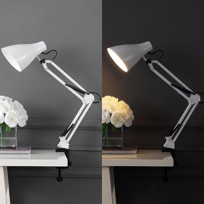 JONATHAN Y 28.5" White Odile Industrial Adjustable Clamp-On LED Task Lamp with Metal Shade, Vintage Articulated Desk Lamp for Home Office Studio, LED Bulb Included (JYL7125C)