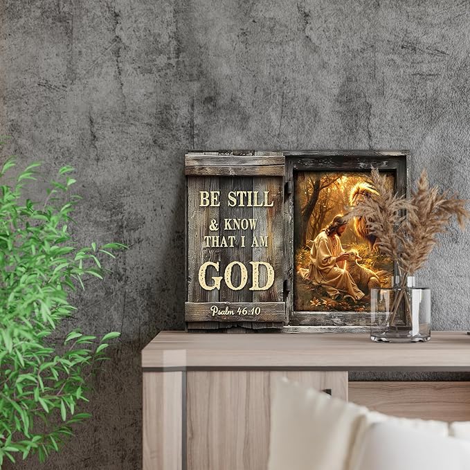 Farmhouse Inspirational Bible Verse Wall Art Be Still and Know That I Am God Rustic Jesus Lion Lamb Canvas Print Framed Artwork Christian Scripture Quotes Wall Decor for Living Room Bedroom 8"x10"