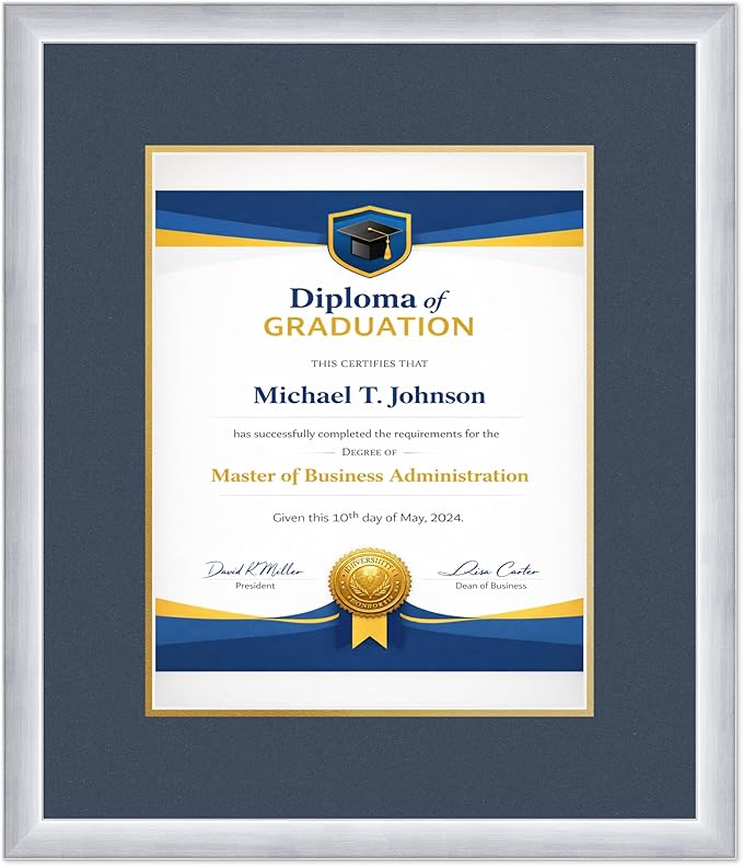 Diploma Frame Stainless Silver With Navy Blue Over Gold Double Mat - Fits 11 x 14 College Diploma (Portrait) Wall Display Made in the USA