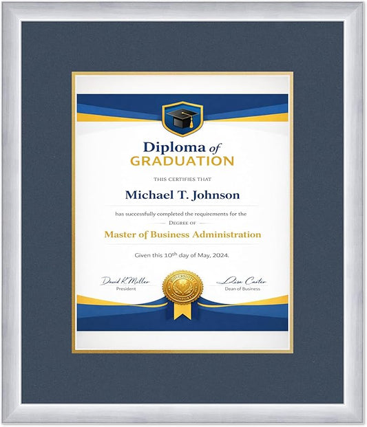 Diploma Frame Stainless Silver With Navy Blue Over Gold Double Mat - Fits 11 x 14 College Diploma (Portrait) Wall Display Made in the USA