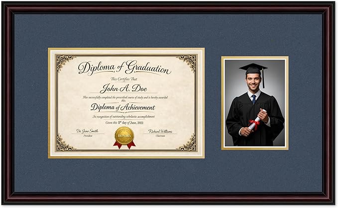 Diploma Frame With Photo Opening Executive Brown Navy Blue Over Gold Mat - Fits 11.69 x 8.27 Degree and Picture Made in the USA