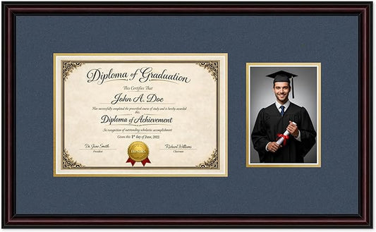 Diploma Frame With Photo Opening Executive Brown Navy Blue Over Gold Mat - Fits 11.69 x 8.27 Degree and Picture Made in the USA