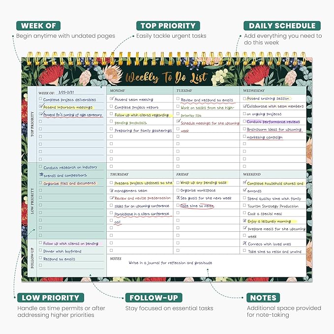 Weekly To Do List Notepad with 52 Undated Sheets（8.5"×11"）- Undated Weekly Planner Notepad for Office Desk Accessories and Supplies - Sage Blossom