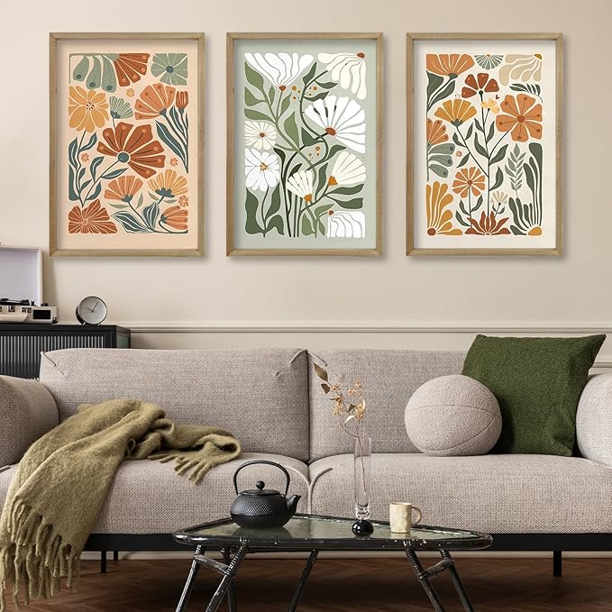 Wildflower Floral Green Botanical Wall Art Print 16"x11" Set of 3 flower Illustrations Minimalist Modern Boho Sign Wood Framed for Living Room Bedroom Office Abstract Wall Hang Decor (Wood)