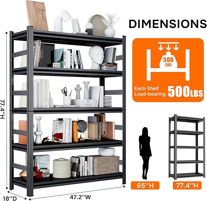 47" W Book Shelf, Metal Bookshelves, Heavy Duty Steel Bookcases, Large Storage Capacity Adjustable Tall Industrial Bookshelf for Living Room, Bedroom and Library, Black