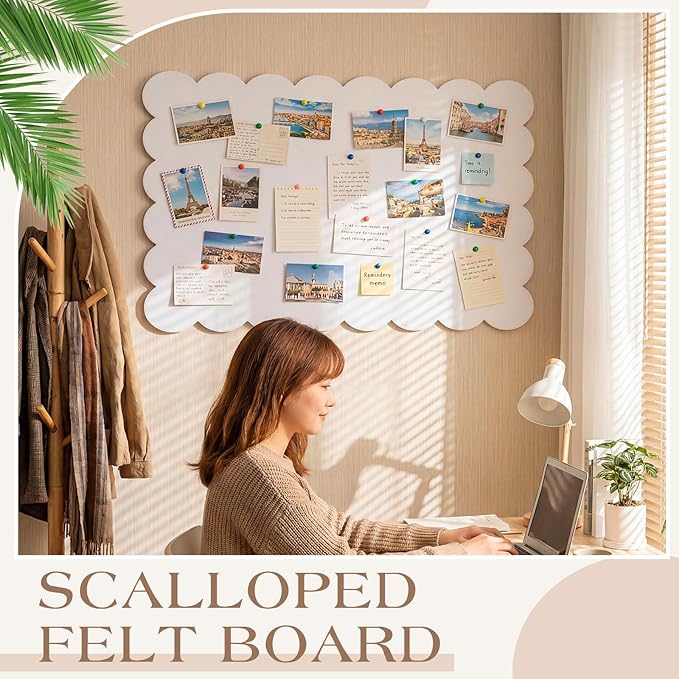 Scalloped Felt Bulletin Board Foldable Pin Cork Board Alternative for Wall Foldable Picture Vision Self Adhesive Bulletin Decorative (White,36 * 24 Inch)