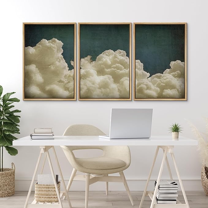 MUDECOR Framed Wall Art Print Set Vintage Cloudscape Dreamy Cotton Clouds Illustrations Modern Art Decorative Colorful Chic for Living Room, Bedroom, Office - 24"x36"x3 Natural