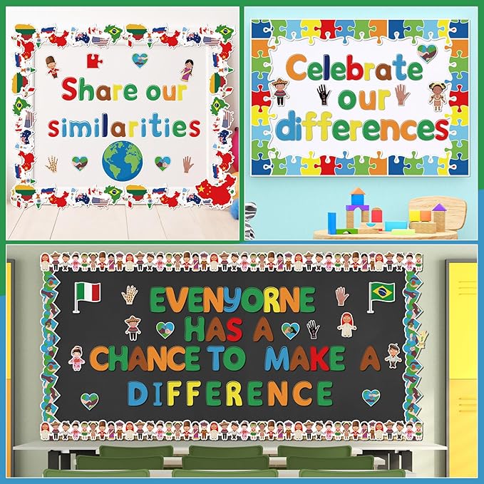 Kosiz Diversity Bulletin Board Decoration Set 118 ft Scalloped Bulletin Board Borders Classroom Poster Border Trim with 257 Pcs Letter Number Symbol Cutout for School Decor