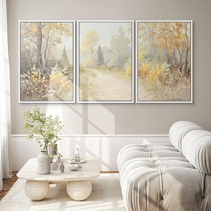 SIGNWIN Framed Canvas Print Wall Art Set Golden Woodland Path Impressionist Nature Scene Illustrations Modern Art Decorative for Living Room, Bedroom, Office - 16"x24"x3 White