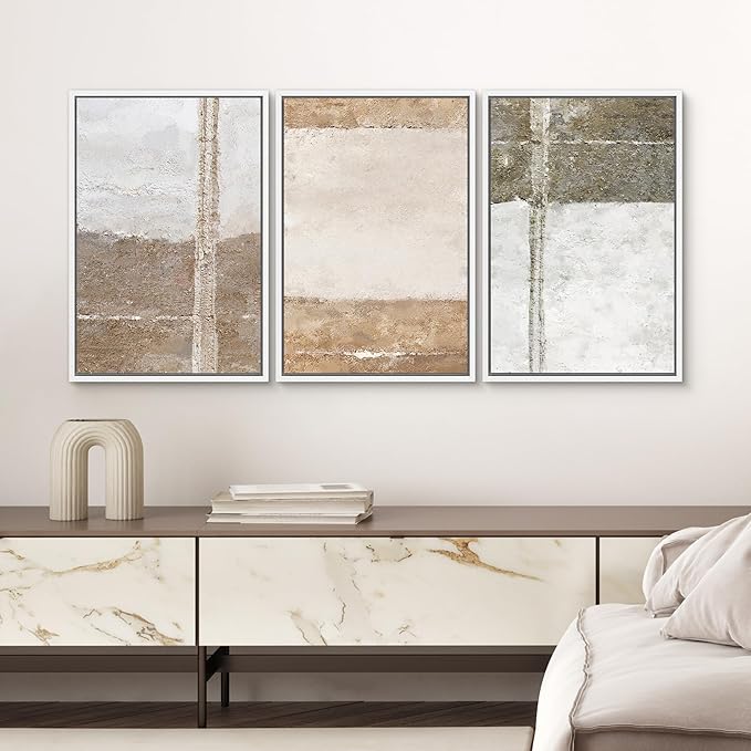 SIGNWIN Framed Canvas Print Wall Art Set Grunge Gray Brown Pastel Landscape Abstract Shapes Illustrations Modern Art Geometric Zen Mid-Century for Living Room, Bedroom, Office - 24"x36"x3 White
