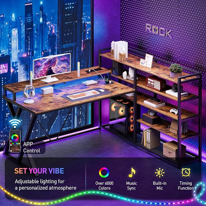 Reversible L Shaped Gaming Desk with Shelves, 52'' L Shaped Computer Desk with Power Outlet and LED Light, Corner Desk with Storage Shelf and Monitor Stand, for Home Office, Rustic Brown