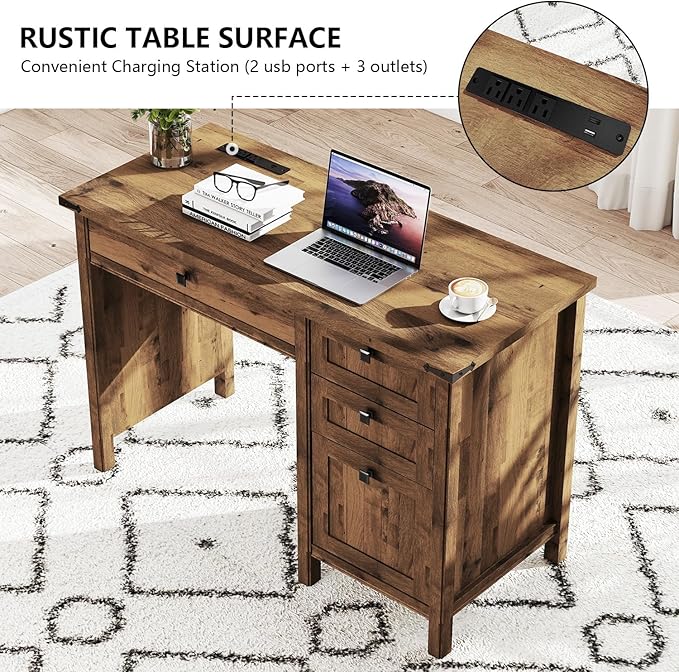 Farmhouse Executive Desk 45 inch Computer Desk with 4 Drawers, Smart Charging Station, Home Office & Study Room Essential for Remote Workers, Professionals & Students.Vintage