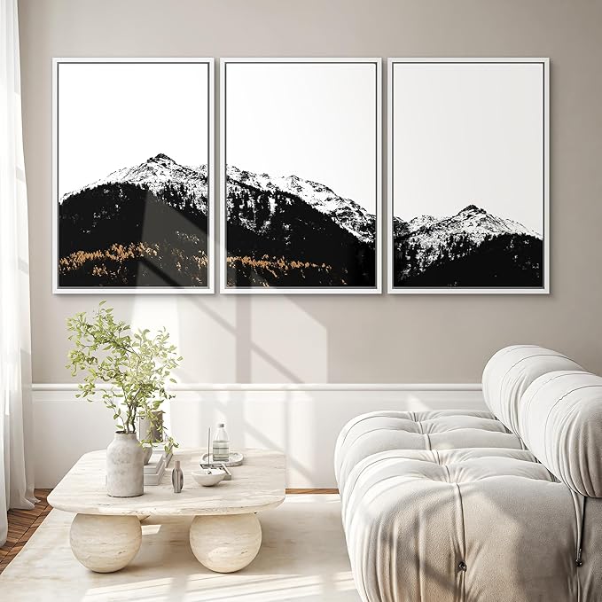 SIGNWIN 3 Piece Framed Canvas Wall Art Black and White Mountain Tops Photo Nature Wilderness Illustrations Abstract Traditional Home Artwork Decoration for Living Room,Bedroom - 16"x24"x3 White