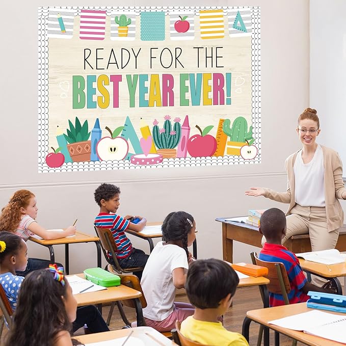 Pajean Ready for The Best Year Ever Bulletin Board Modern Back to School Classroom Decorations Apple Potted Ruler Pencil Paper Cutouts for Door Wall Chalkboard Decor First Day of School Supplies