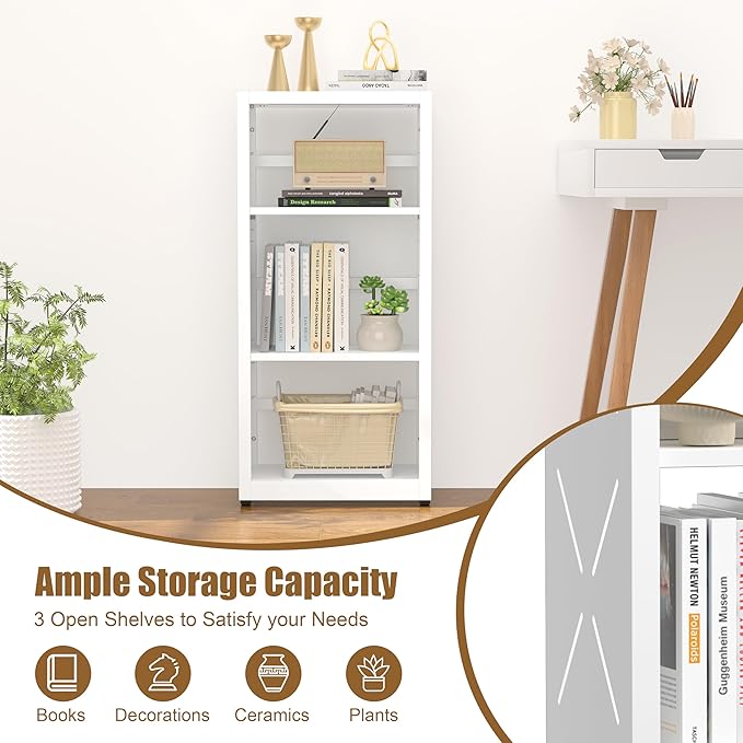 3 Tier Bookshelf, 34"Tall Metal Bookcase with Adjustable Shelves, Modern Display Book Shelf, White Bookcase Shelf, Utility Shelf, Storage Shelves for Office, Living Room, Kitchen, Study-16"W