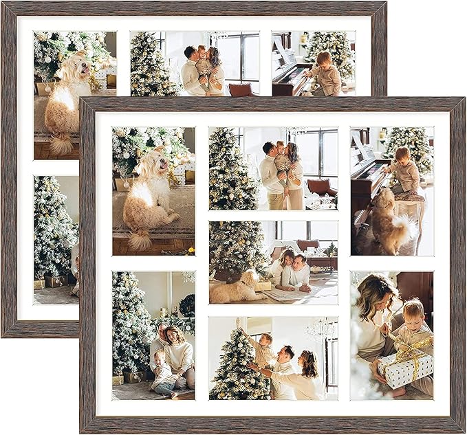 Golden State Art, Set of 2, 13.7x15.7 Distressed Brown Wood Collage Frame - White Mat - Displays Seven 4x6 Photos - Real Glass, Sawtooth Hanger, Swivel Tabs - Wall Mounting, Landscape, Portrait