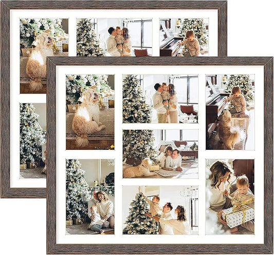 Golden State Art, Set of 2, 13.7x15.7 Distressed Brown Wood Collage Frame - White Mat - Displays Seven 4x6 Photos - Real Glass, Sawtooth Hanger, Swivel Tabs - Wall Mounting, Landscape, Portrait