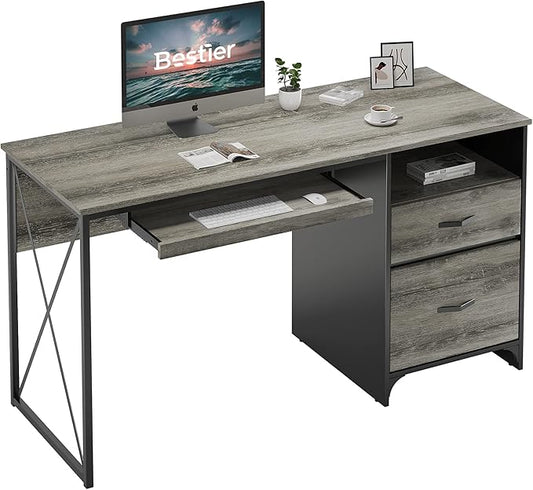 Bestier Office Desk with Drawers, 55 inch Industrial Computer Desk with Storage, Wood Teacher Desk with Keyboard Tray & File Drawer for Home Office, Dark Gray Oak