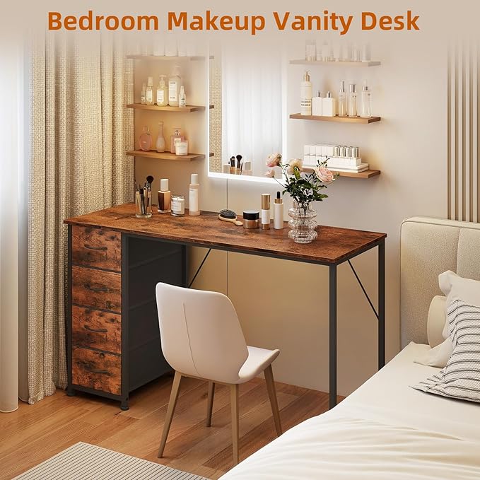 Somdot 47" Computer Desk with 4 Drawers for Bedroom,Simple Home Office Writing Desk,Gaming Table with Storage,Modern Work for Home Office, Study, Living Room,Wood Grain Print