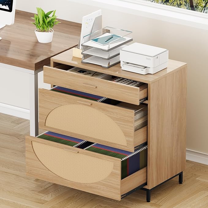 Vabches Lateral File Cabinet with 3 Drawers, Modern Rattan File Cabinet for Legal/Letter/A4 Size Hanging Files, Large Wood Printer Stand Home Office, Natural
