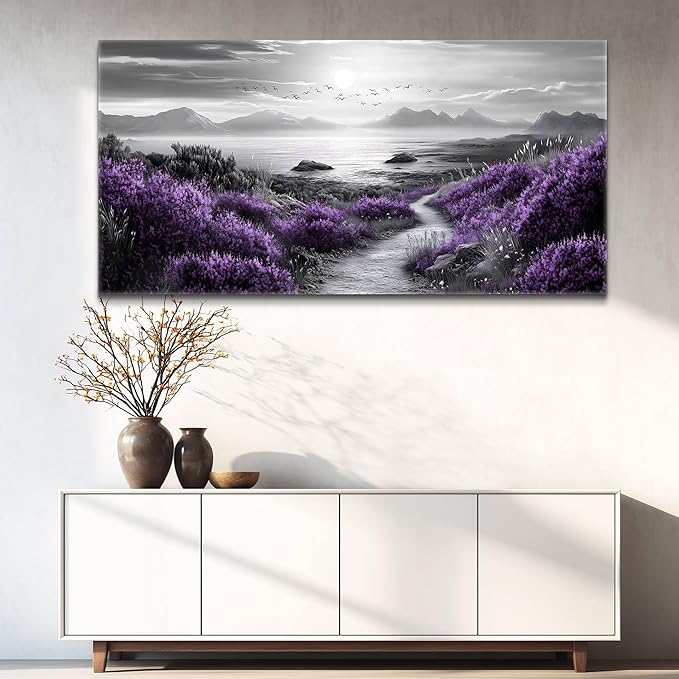 FUHAIHUA Canvas Wall Art For Living Room Wall Decor For Bedroom Office Wall Decoration Purple Flowers Landscape Painting Black And White Pictures Artwork Room Aesthetic Home Decor 20x40 In