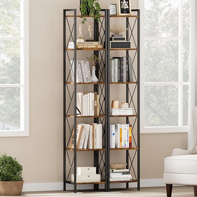 Homhedy 6 Tier Bookshelf, Tall Narrow Bookcase for Small Space, Metal Storage Book Shelf, for Home Office, Living Room, Kitchen, Bedroom, Industrial Style, 10.4" D x 13" W x 67.4" H, Rustic Brown