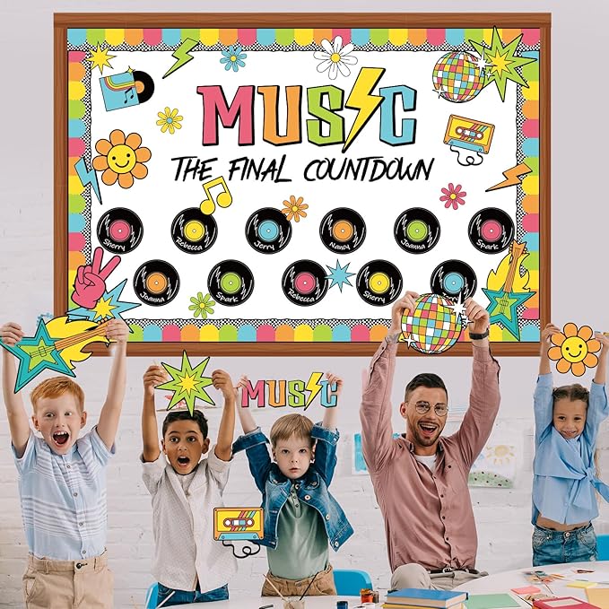 Pajean Music Bulletin Board Retro Groovy Record Classroom Decorations Music Note Flower The Final Countdown Cutouts for Back to School First Day Door Wall Window Chalkboard Supplies