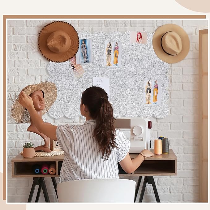 Scalloped Felt Bulletin Board 36 x 24 Inches Foldable Light Gray Pin Cork Board Alternative for Wall, 3' x 2' Trifold Picture Vision Self Adhesive Bulletin Decorative
