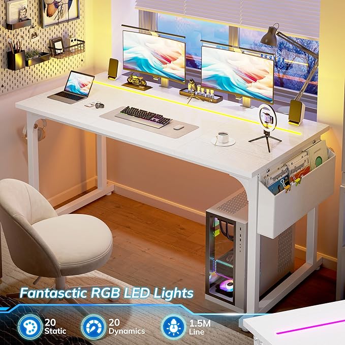 55 Inch White Computer Desk with LED Lights, Office Desk with Storage Bag for Home Office, Gaming Desk with Headphone Hook for Study Writing Work Desk,Sturdy Metal Frame