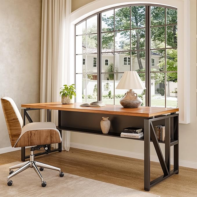 LITTLE TREE 63-Inch Executive Office Desk, Large Computer Desk with Storage Shelf, Executive Desk with Metal Frame, Study Writing Desk Work Station for Home Office, Brown + Black