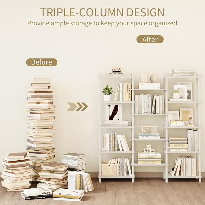 IOTXY Wooden Triple Wide Bookshelf - 5-Tier Large Shelf Bookcase with Solid Beech Frame, Tall Freestanding Open Etagere Display Rack for Home Office, White