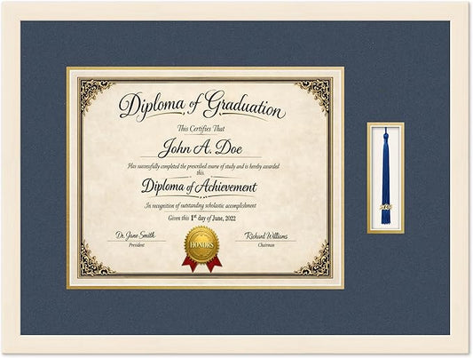 Diploma Frame with Tassel Holder Coastal Whitewash Shadowbox Navy Blue Over Gold Mat - Fits 15 x 12 Degree Made in the USA