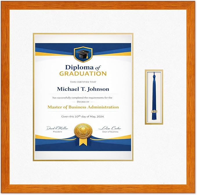 Diploma Frame with Tassel Holder Honey Oak Shadowbox Oyster Shell Over Gold Mat - Fits 11 x 14 Degree Made in the USA