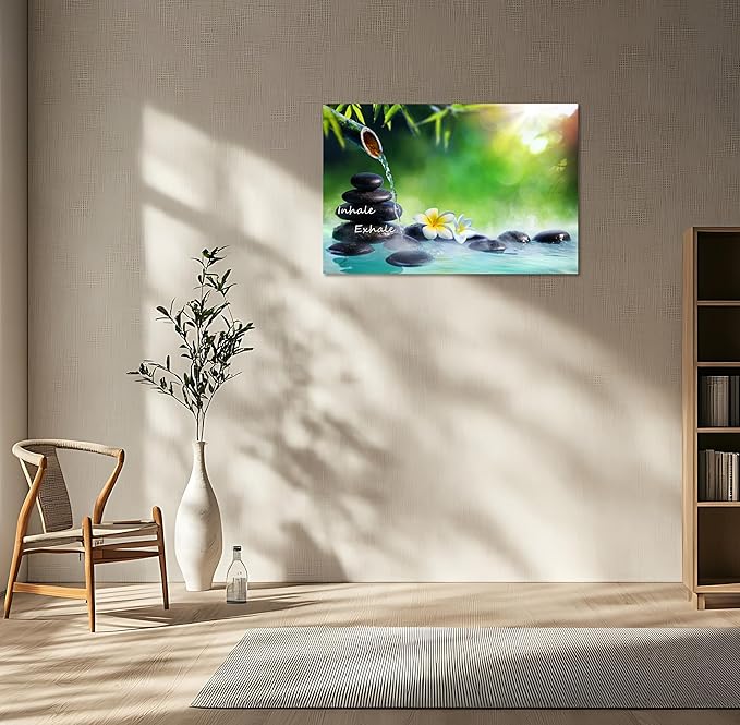 YIOZHAOFH Spa Canvas Print Art Nature Zen Painting Relaxing Bathroom Wall Art Decor White Lotus Pictures Framed Artwork Inhale Exhale Poster Office Decor for Spa Room Bedroom (28L x 44W)
