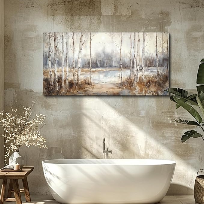 QIYILEXWART Large Wall Decor For Living Room Stretched And Framed Canvas Wall Art For Office Wall Decorations For Bedroom Birch Forest Painting By The Lake Picture Home Decor Ready To Hang