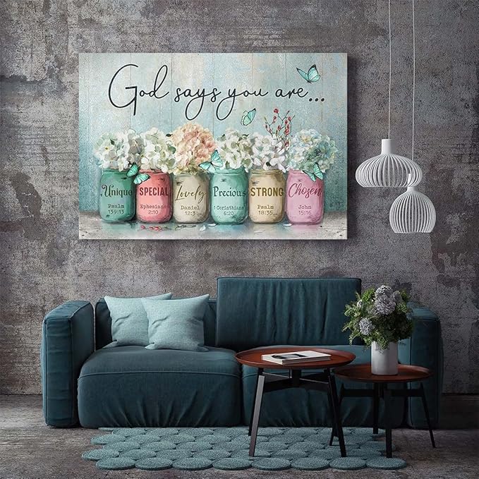 Parylore Inspirational Canvas Wall Art Encouraging Bible Verses On Cute Marson Jars and Butterflies God Says You Are Teal Background Artwork for Living Room Bedroom Bathroom Office Home Decor 16x24 In