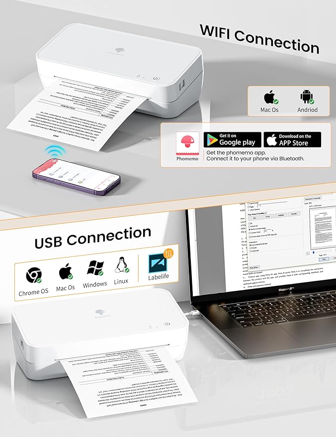 Phomemo S821 Inkless Thermal Printer, 2.4 GHz WiFi Wireless, Supports 8.5" x 11" US Letter/A4/A5/B5 Thermal Roll Paper, Compact Portable Printer for Home & Office Use, Compatible with Phones & PC