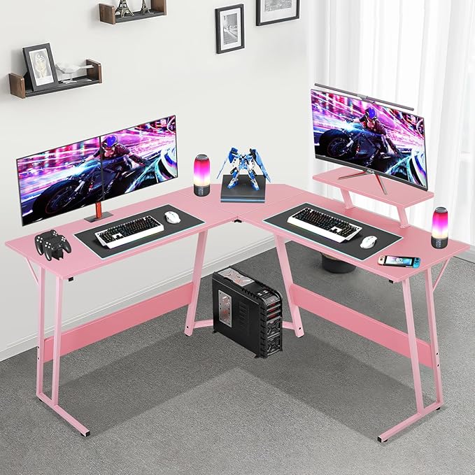 L Shaped Gaming Desk, 50 Inch Corner Desk, Office Computer Desk with Large Monitor Stand for Home Office Sturdy Writing Workstation, Easy to Assemble, Pink