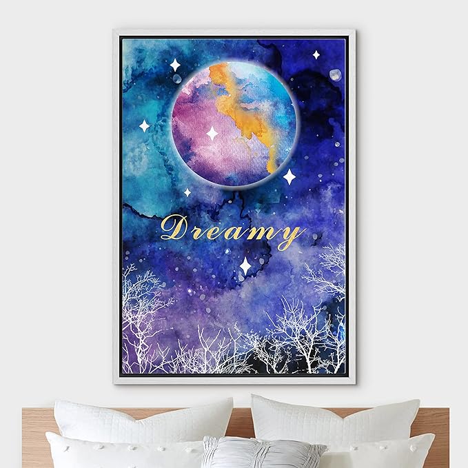 IDEA4WALL Framed Canvas Print Wall Art Dreamy Watercolor Galaxy with Star Covered Moon Astronomy & Space Sky Illustrations Modern Art Glam Colorful for Living Room, Bedroom, Office - 24"x36" WHITE