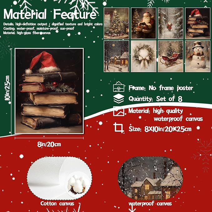 Vintage Christmas Canvas Wall Art Poster Set of 8, Santa Christmas Tree Snowman Pictures Wall Decor, Winter Holiday Paintings Prints Aesthetic Home Decor for Living Room Bedroom 8x10 inch Unframed