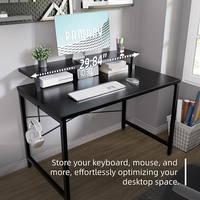 Pamray 32 Inch Small Computer Desk with Monitor Stand, Simple Office Desk with Headphone Hook for Small Spaces, Kids Study Writing Table for Bedroom, Marble