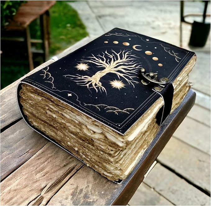 400 Pages Blank Spell Book of Shadows Journal Tree of Life Printed Witchcraft Supplies Wiccan Notebook Handmade Vintage Deckled Paper Grimoire Journal Vintage Journal , Fat Journal Witchy Gifts Women Celestial Gifts Vintage Gifts For Men & Women