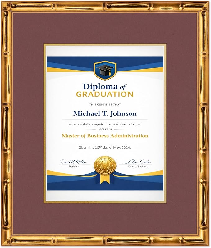 Diploma Frame Gold Bamboo with Dark Red Over Gold Double Mat - Fits 10 x 13 College Diploma (Portrait Traditional) Wall Display Made in the USA