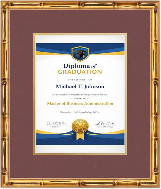 Diploma Frame Gold Bamboo with Dark Red Over Gold Double Mat - Fits 10 x 13 College Diploma (Portrait Traditional) Wall Display Made in the USA
