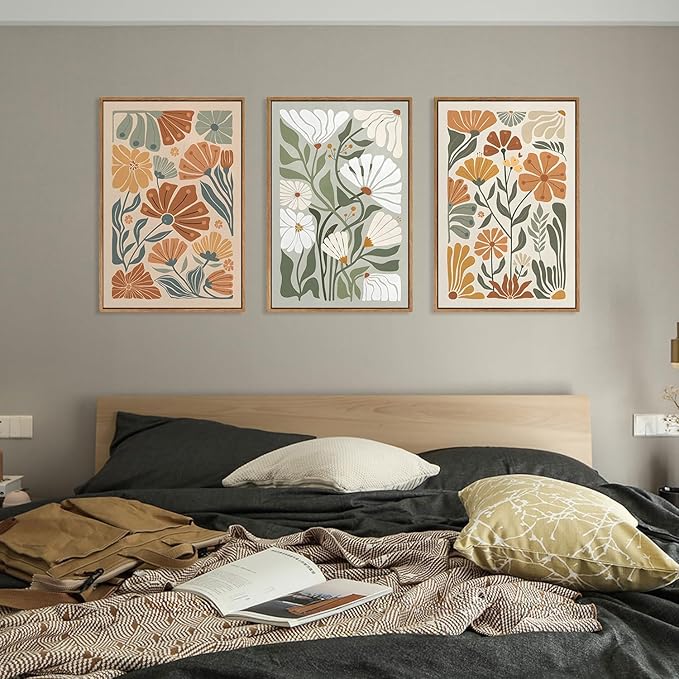 KISSFOX Framed Canvas Wall Art Abstract Floral Botanical Print Set of 3 Green Beige Wildflower Flower Market Paintings Boho Modern Minimalist Pictures Decor Bedroom Bathroom Living Room
