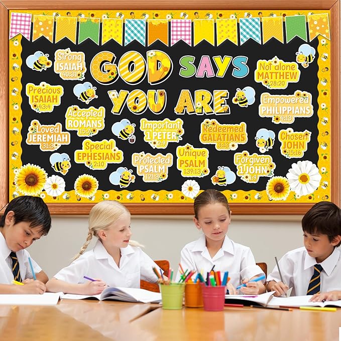 gisgfim Christian Bulletin Board Decorations Bee Sunflower Paper Cutouts God Says You are Inspirational Classroom Decor Religious Bulletin Board Set for Sunday School Church Wall Decor Supplies