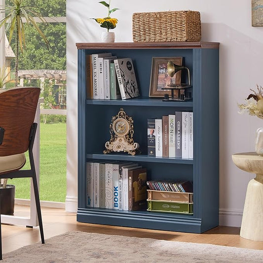43" Blue Tall Bookshelf,3-Tier Thick Wooden Book Shelf with Adjustable Shelves,Free Standing Farmhouse Bookcase with Open Display Storage,Floor Vintage Bookshelves for Living Room,Office