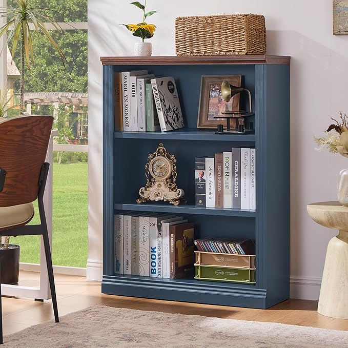 43" Blue Tall Bookshelf Set of 3,3-Tier Thick Wooden Book Shelf with Adjustable Shelves,Free Standing Farmhouse Bookcase with Open Display Storage,Floor Vintage Bookshelves for Living Room ﻿
