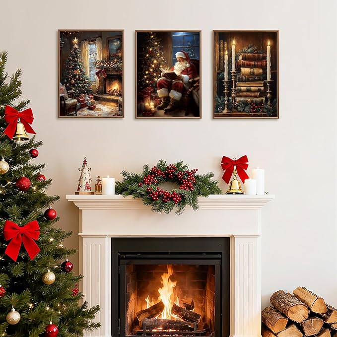Christmas Canvas Wall Art Vintage Christmas Wall Decor Satan Framed Claus Paintings 12x16 Inches Set of 3 for Living Room Bedroom
